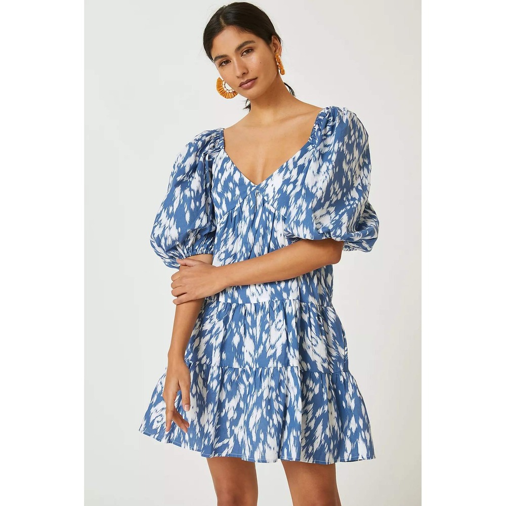 Blue Tassel Ikat Tiered Puff Sleeve Mini Dress Women XS Blue White Anthropolgie